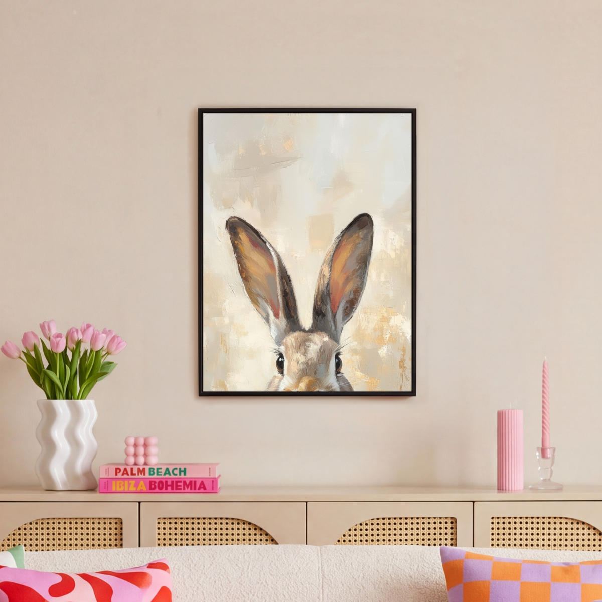 LEINWAND Bilder mit Rahmen - Hase - Ohren - Braun - 60x80 - Beige, Textil (60/80cm) - MuchoWow