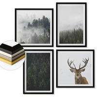 WANDBILDER 4er-Set - 50x50 cm & 40x60 cm Schwarzer Rahmen - Grüne Wälder, neblige Landschaft - Schwarz, Kunststoff (50/50cm) - ArtPrintCave