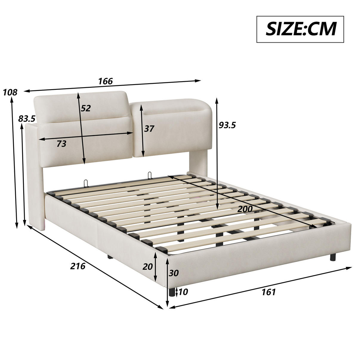 POLSTERBETT 160x200 cm, Beige, Doppelbett mit Stauraum & LED-Beleuchtung - Beige, Textil/Metall (160/200cm)