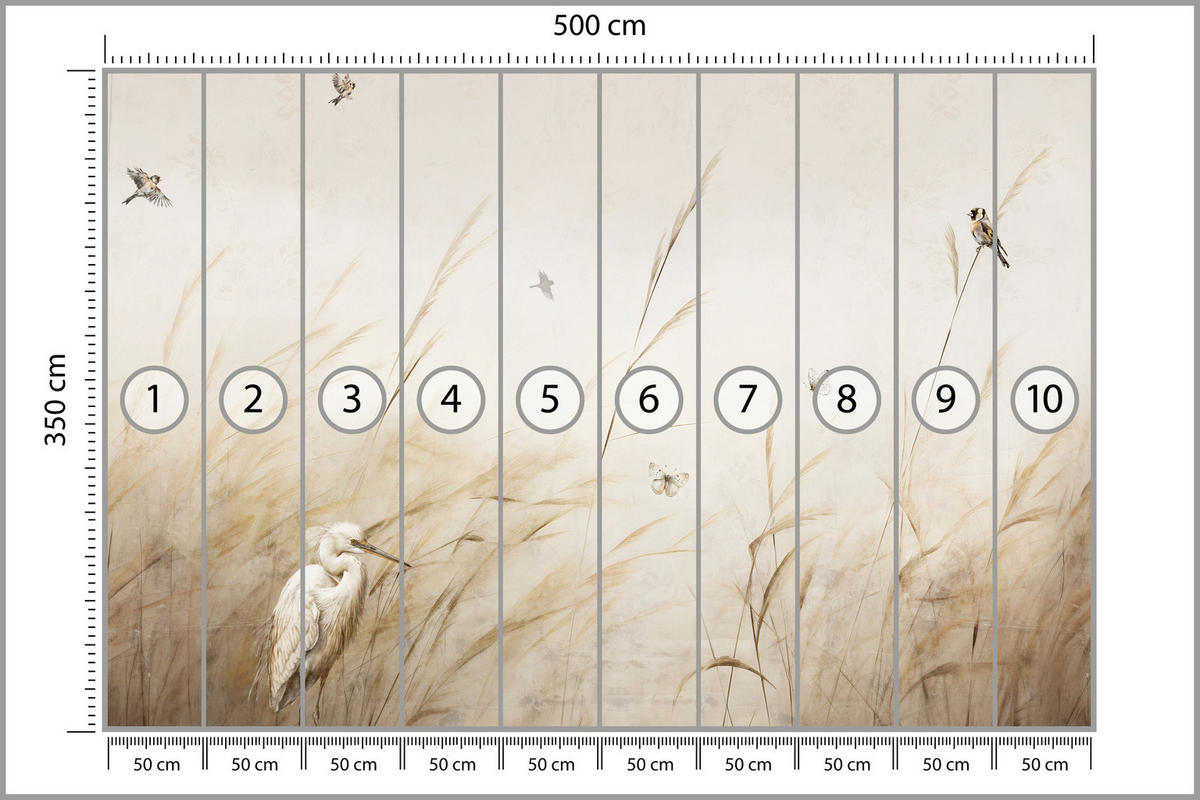 FOTOTAPETE für Schlafzimmer Vögel Storch Hohe Gräser Aquarell 500x350 - Beige/Gelb, Papier (500/350cm) - Muralo