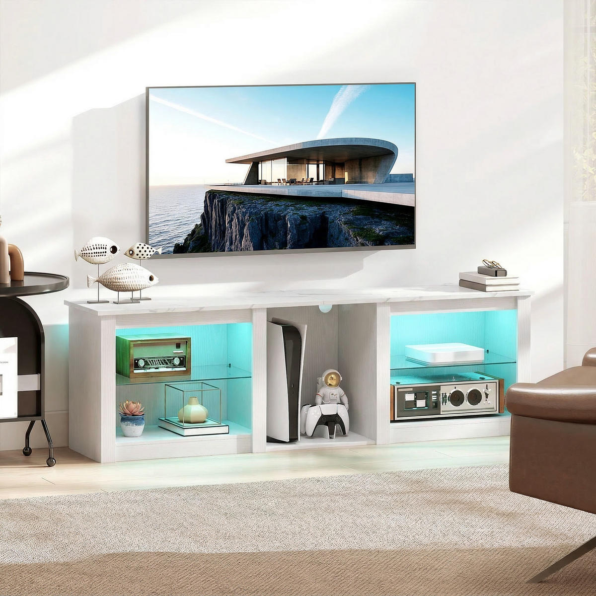TV-LOWBOARD Weiß 160/35/51,7 cm, LED-Beleuchtung, Glasböden - Weiß, Holzwerkstoff (160/51.7/35cm) - PANGIVO