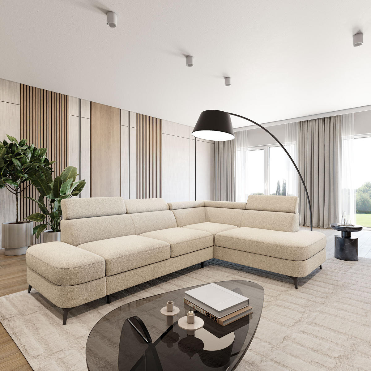 ECKSOFA AVISE Q R-S Creme Boucle-Stoff mit Schlaffunktion - Creme, Holzwerkstoff/Textil (268/195cm) - MASSENO