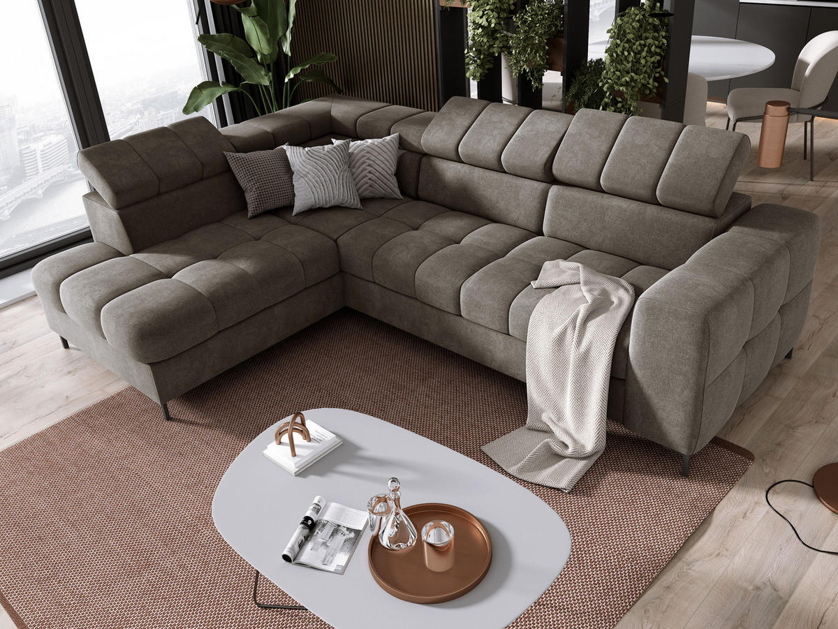 ECKSOFA PABLO VOGUE L-förmig mit Bett Bettkasten verstellbare Kopfstützen weicher Metallfüße freistehend LINKS 201x270x97 cm Stainless steel coloured - Edelstahlfarben, Holz/Textil (201/270cm) - DomoHome
