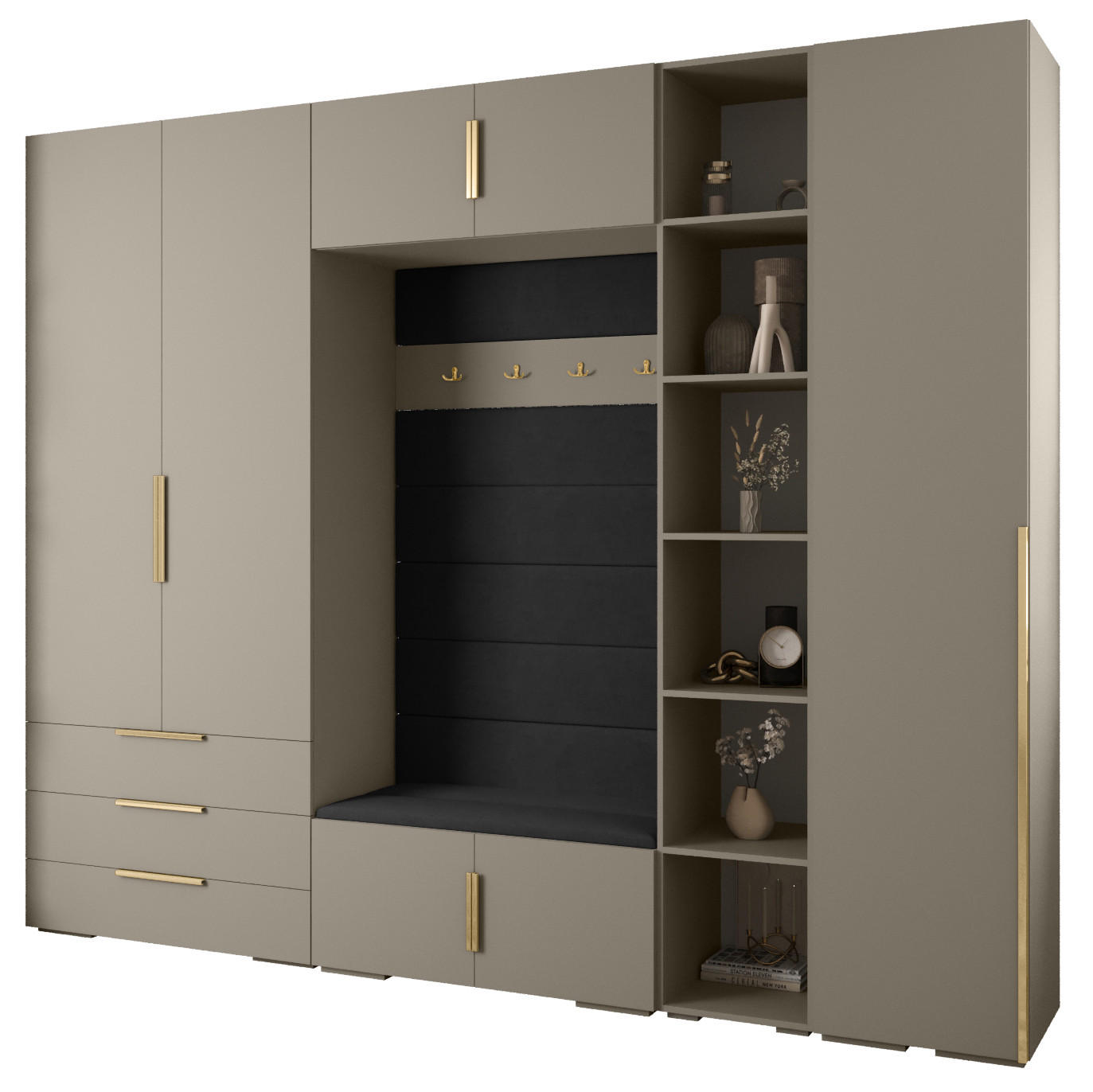 Abiks Möbel Garderoben-Set Kaschmir, Schwarz, Gold 290x236.7x47 cm