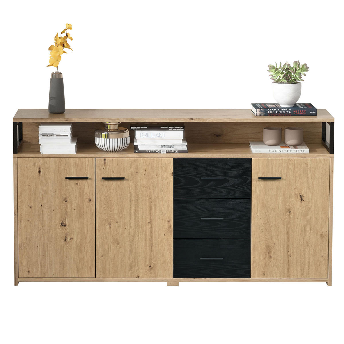 SIDEBOARD mit 3 Türen und 3 Schubladen, verstellbare Einlegeböden, 150/35/75,9 cm, Schwarz/Holzoptik - Naturfarben, Holzwerkstoff (150/75.9/35cm) - Redom