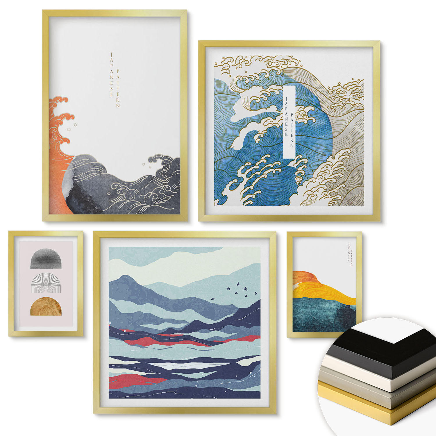 WANDBILDER 5er Set - 50x50 cm & 20x30 cm & 40x60 cm Goldrahmen - Stilvolle moderne Blumen - Goldfarben, Kunststoff (40/60cm) - ArtPrintCave