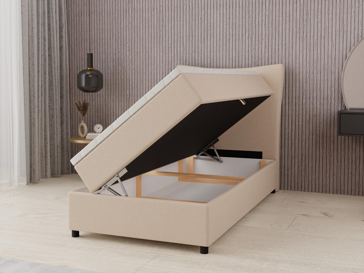 BOXBETT Nevada 100x200 cm Polsterbett mit hochwertiger Bonell-Matratze und Topper - beige - Beige, Holz (100/200cm) - Panda Möbel