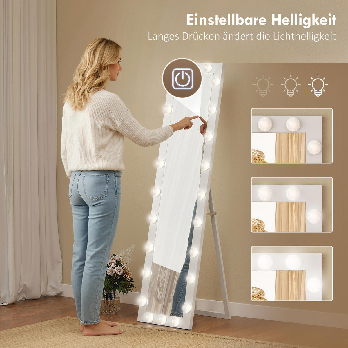 STANDSPIEGEL DE-09886 LED mit 24 Glühbirnen, 3 Lichtfarben Weiß - Weiß, Glas (40/150/4cm) - ComfortXL