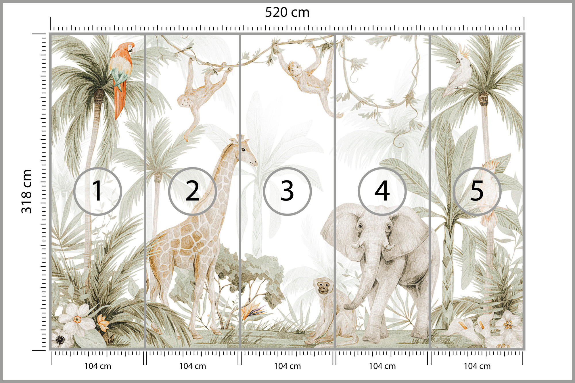 FOTOTAPETE für Kinder wilde TIERE tropische Pflanzen Retro 520x318cm - Beige/Rot, Papier (520/318cm) - Muralo