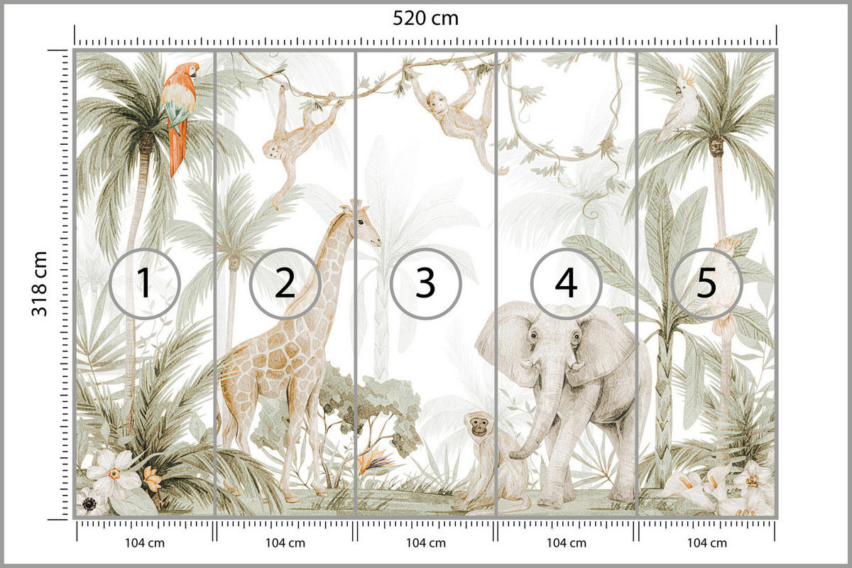 FOTOTAPETE für Kinder wilde TIERE tropische Pflanzen Retro 520x318cm - Beige/Rot, Papier (520/318cm) - Muralo