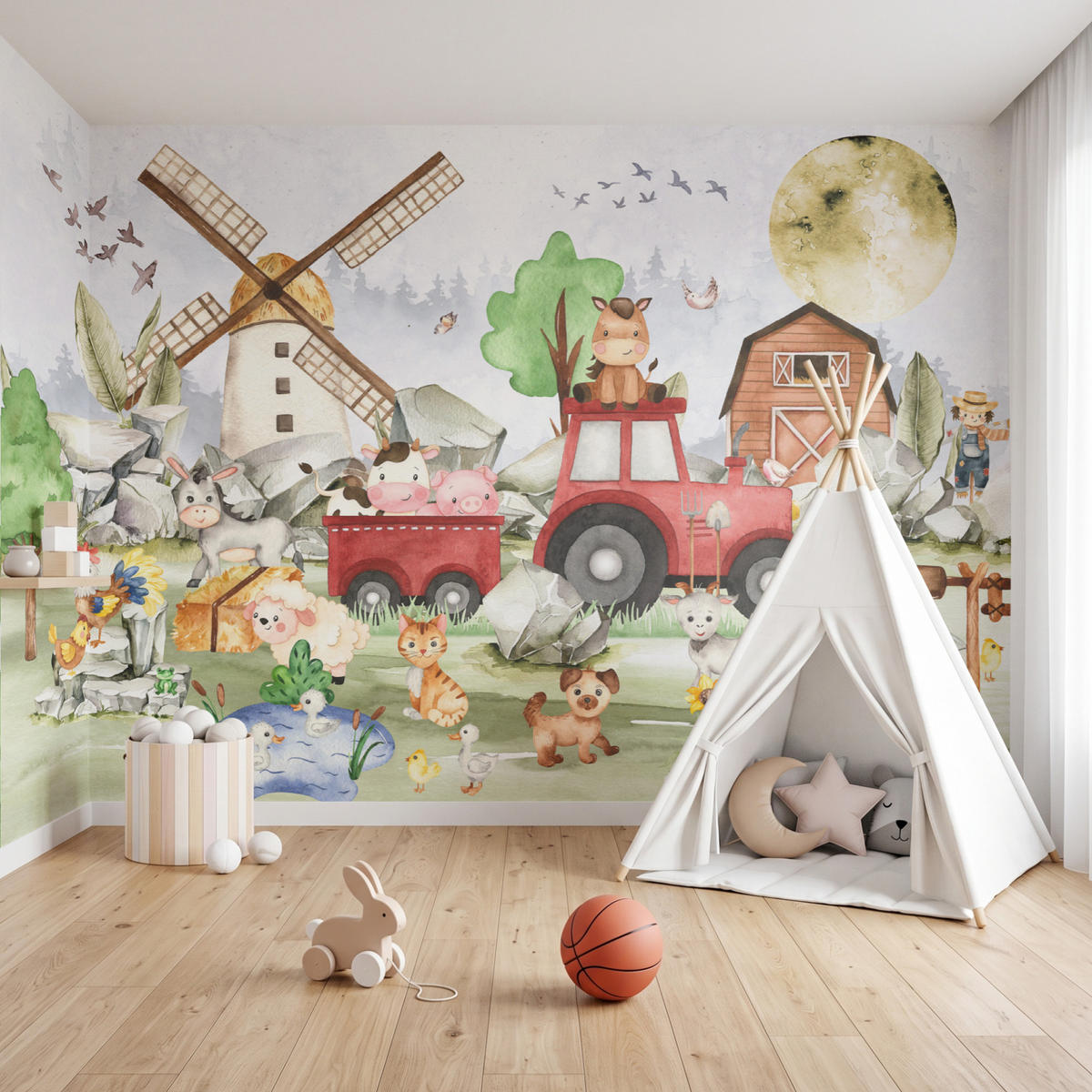 KINDERTAPETE - Bauernhof - Traktor - Kinder - Tiere - 450x300 cm - Weiß, Papier (450/300cm) - OnlyWow