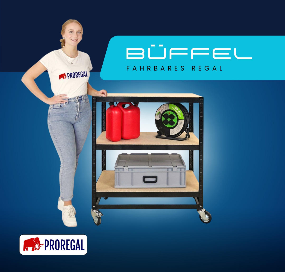 KOMMISSIONIERWAGEN 2er Set BÜFFEL 100x90x50cm 3 Ebenen Fachlast 50kg 2X Lenkrollen & 2X Lenkrollen mit Feststellbremse Schwarz - Schwarz, Metall (180/100/50cm) - PROREGAL