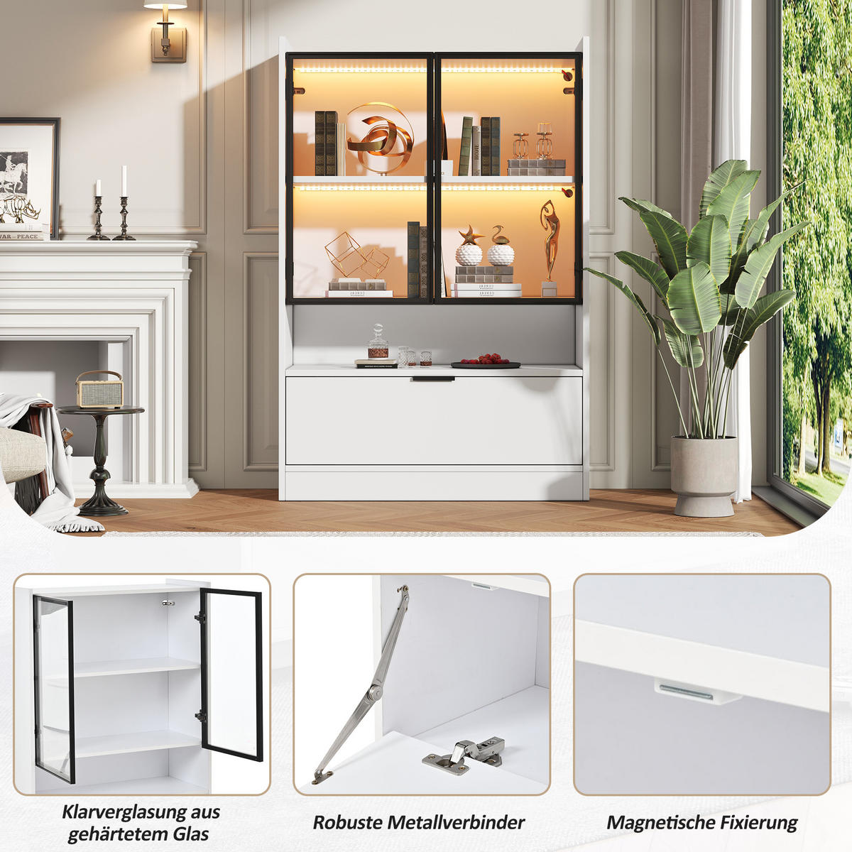VITRINE LED Matt Glasvitrine Klapptür 120cm Weiß Standvitrine - Weiß, Holzwerkstoff (80/120/35cm) - FLIEKS