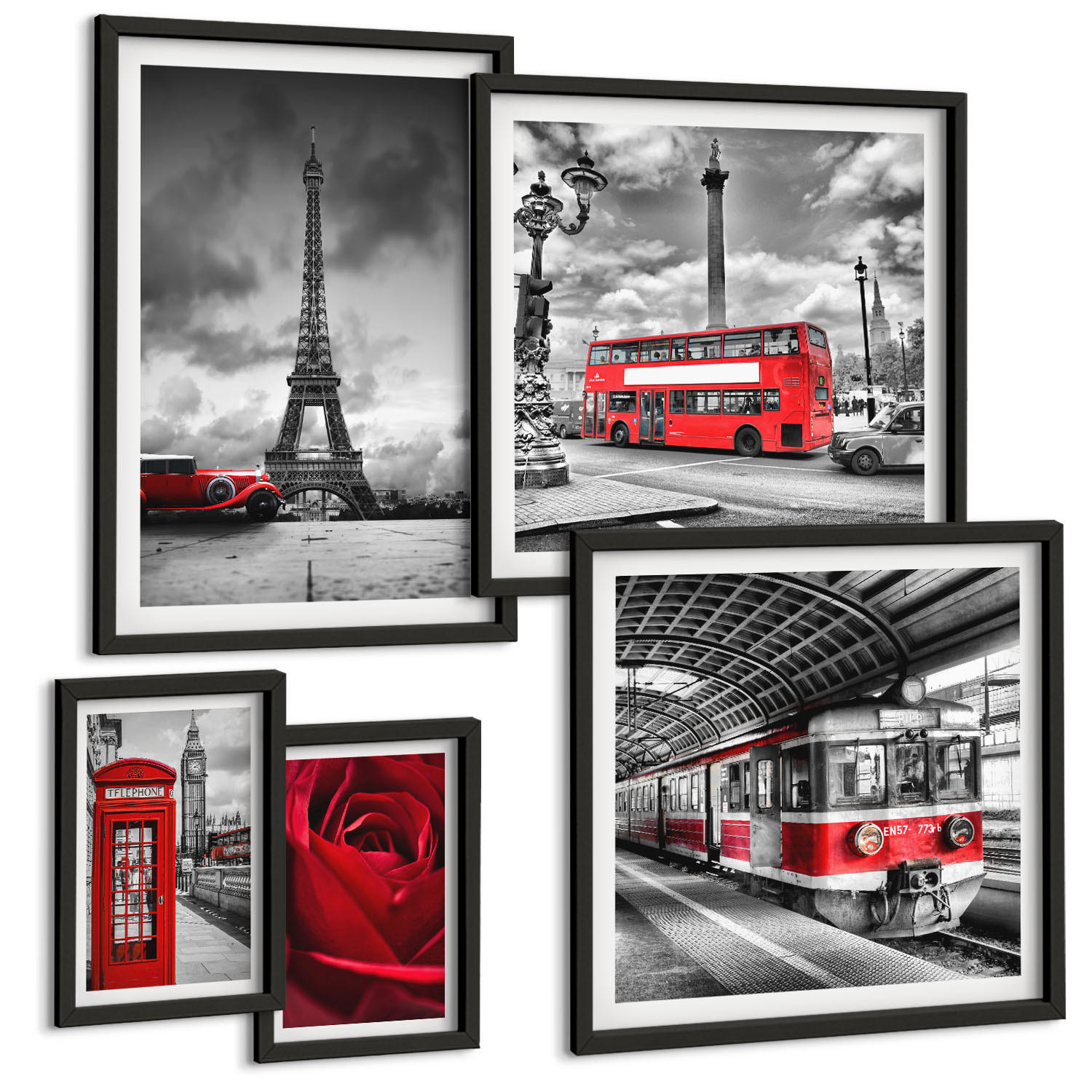 BILDER SET 5er Set - 50x50 cm & 20x30 cm & 40x60 cm Schwarzer Rahmen - Ikonische Städte London Paris Eisenbahn - Schwarz, Kunststoff (40/60cm) - TULUP