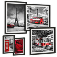 BILDER SET 5er Set - 50x50 cm & 20x30 cm & 40x60 cm Schwarzer Rahmen - Ikonische Städte London Paris Eisenbahn - Schwarz, Kunststoff (40/60cm) - TULUP