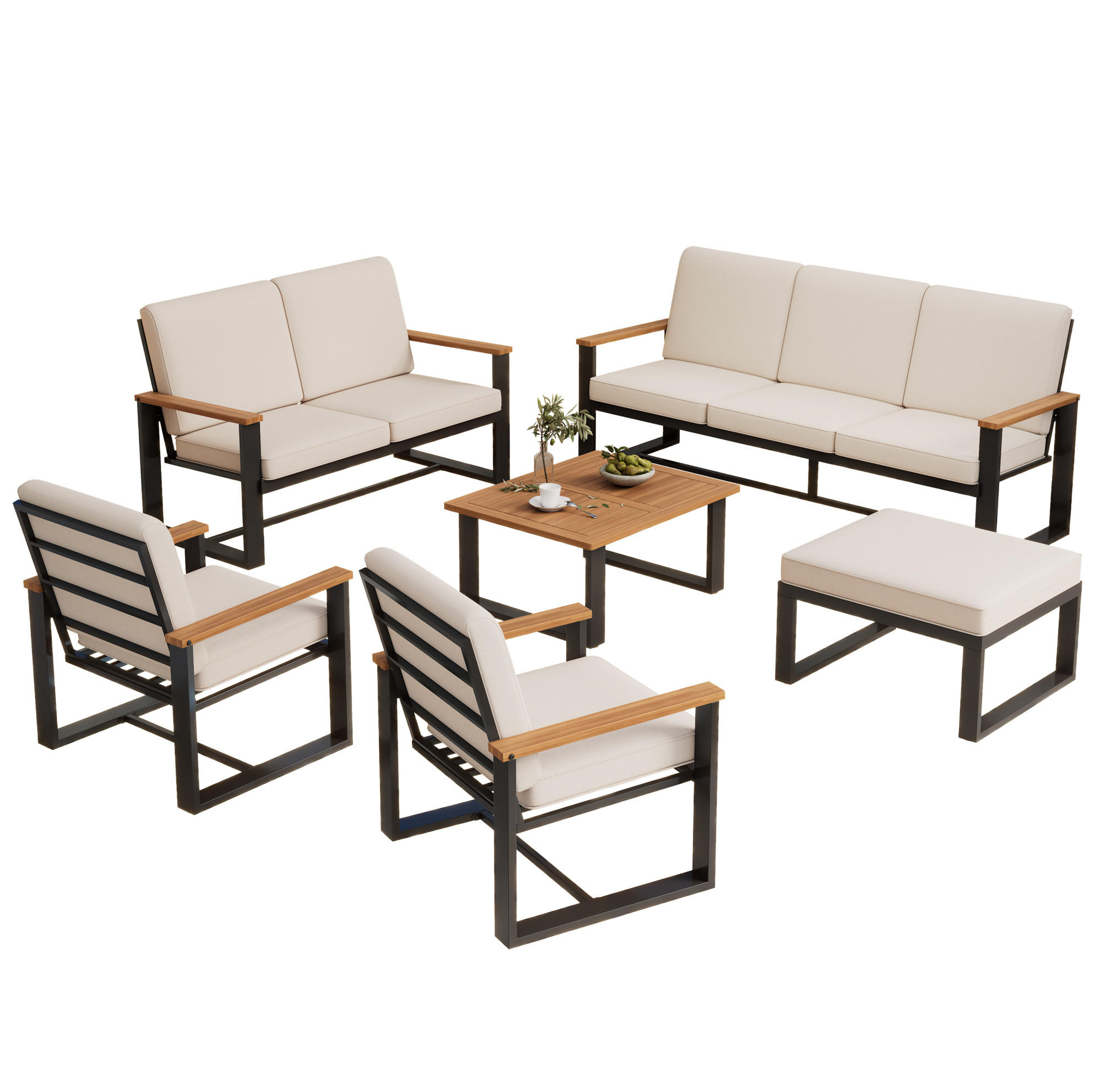 GARTENLOUNGE-SET 175/72/84 cm beige aus Polyester und Akazienholz mit Tisch und Hocker - Beige, Metall - OKWISH