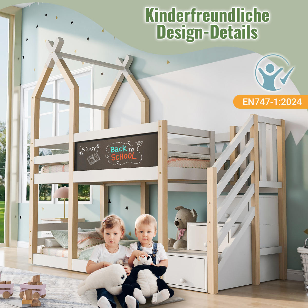 HOCHBETT 90/200 cm in Weiß & Natur Kinderbett mit Treppenschrank, Tafel und Baumhaus-Design - Weiß, Holz (90/200cm) - STILVORA