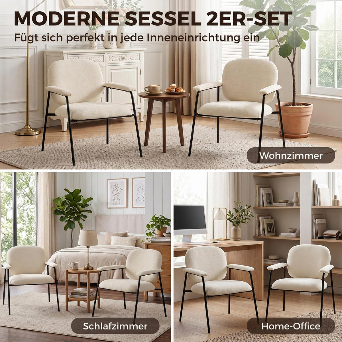 DVOUDÍLNÁ sada křesel, polyester, krémově bílá - černá/krémová, kov/textil (64/76.5/67cm) - HOMCOM