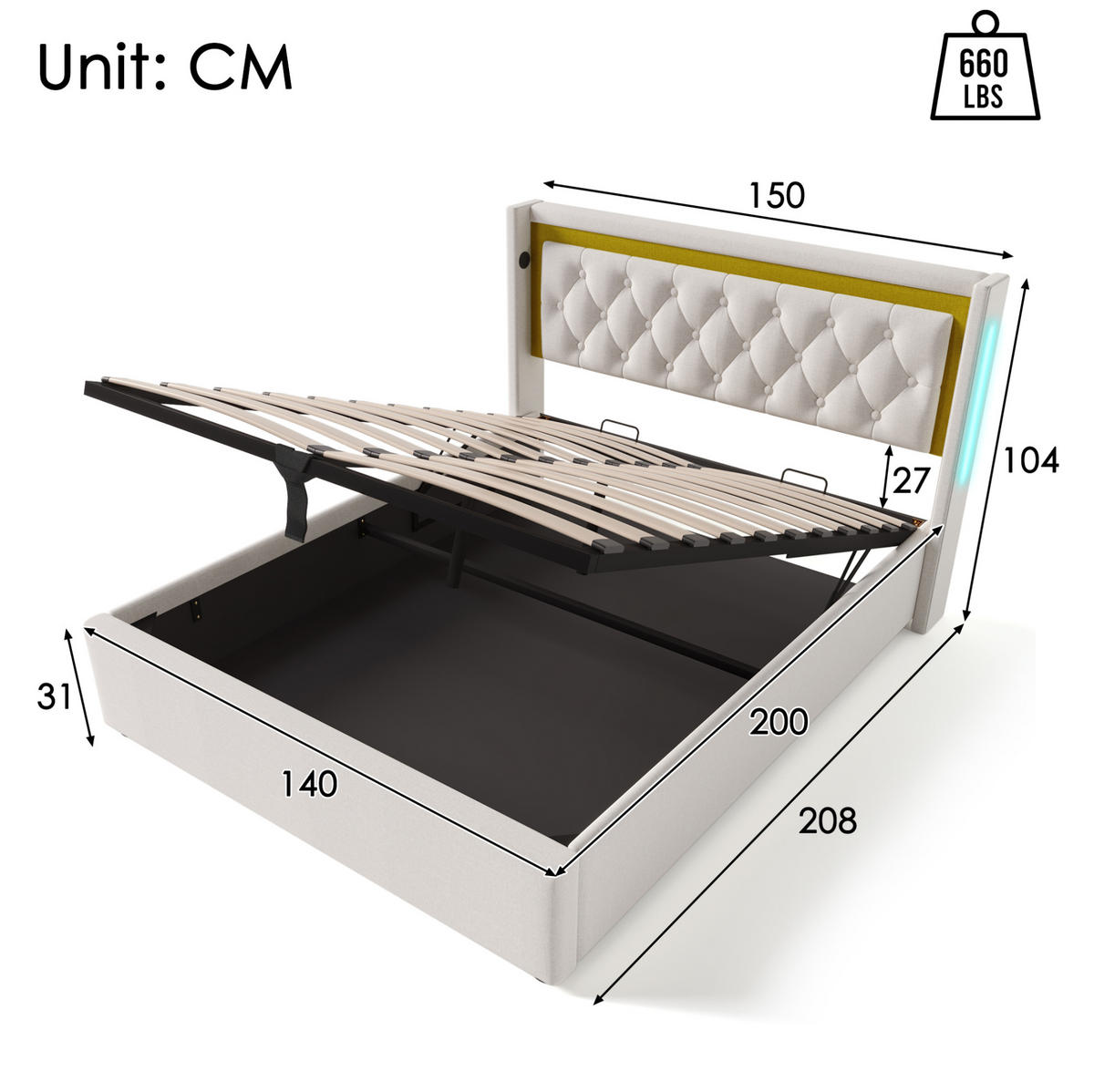 POLSTERBETT mit LED, Stauraum und USB-C 140x200 cm Beige inklusive Matratze - Beige, Metall (140/200cm) - Meubliv