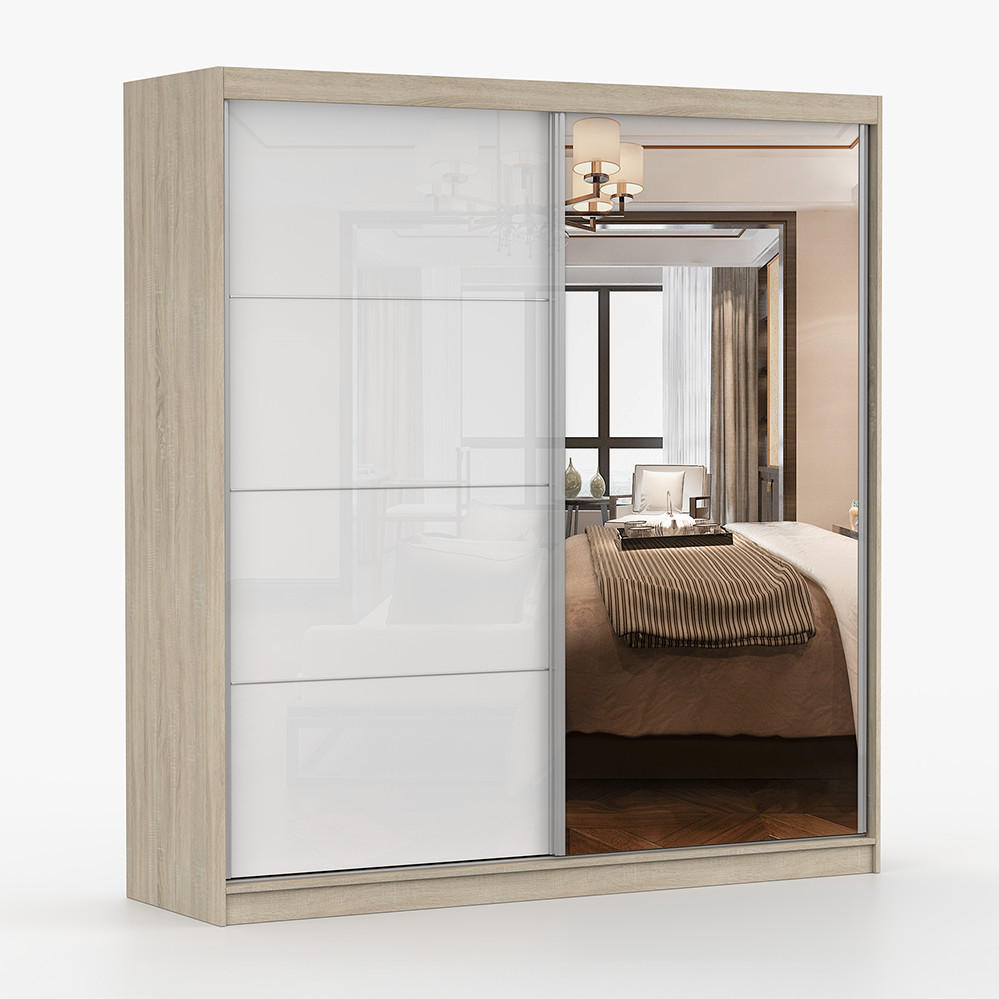 SCHWEBETÜRENSCHRANK 203/218/61 cm 2-türig Pola 35 Sonoma Eiche/Weiß Semigloss - Weiß Hochglanz/Alufarben, Glas/Holzwerkstoff (203/218/61cm)