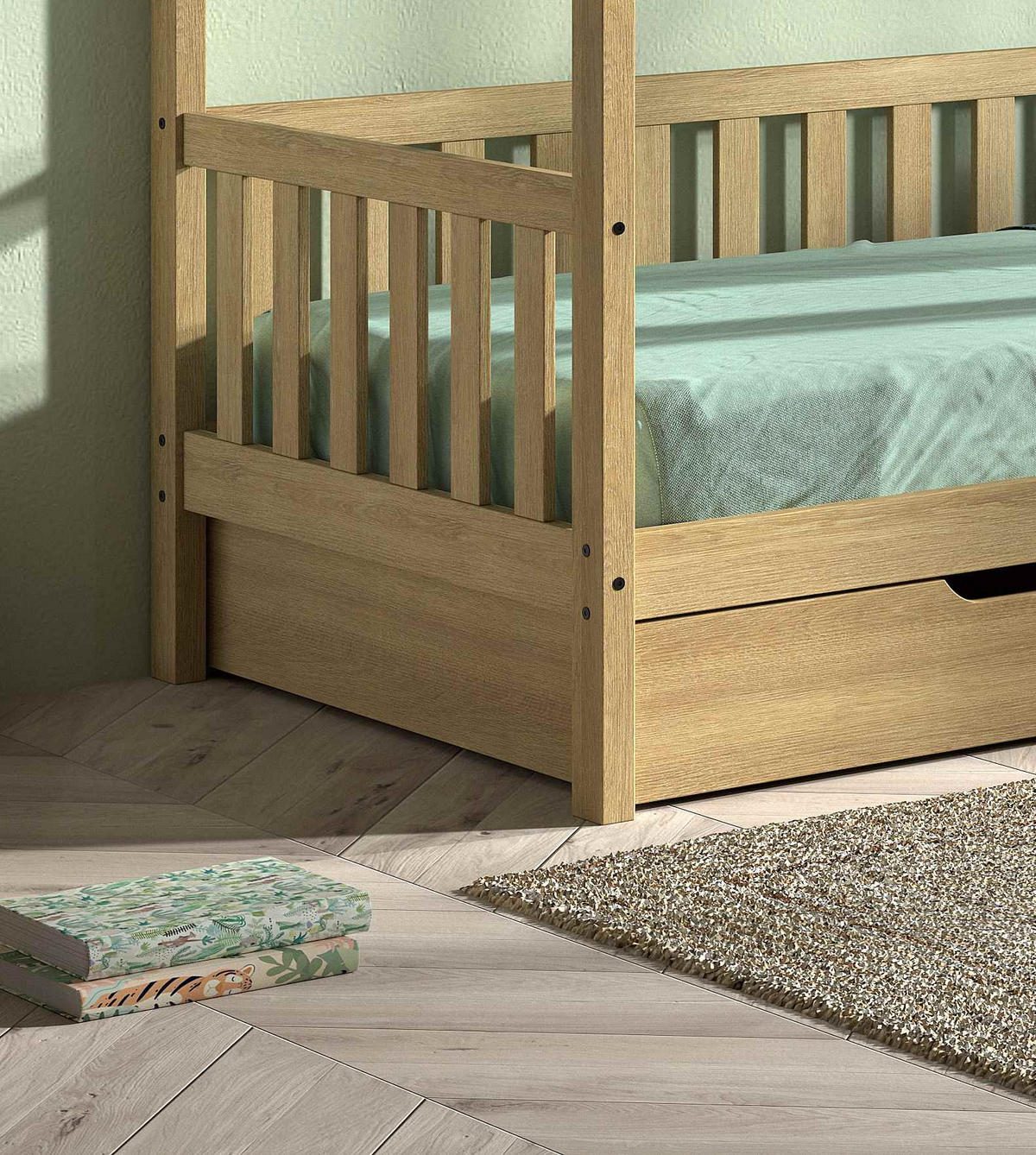 HAUSBETT Kandace 90x200 Eiche massiv natur mit Dachaufbau & Schublade - Eichefarben, Holz (90/200cm) - 58aufmkessel