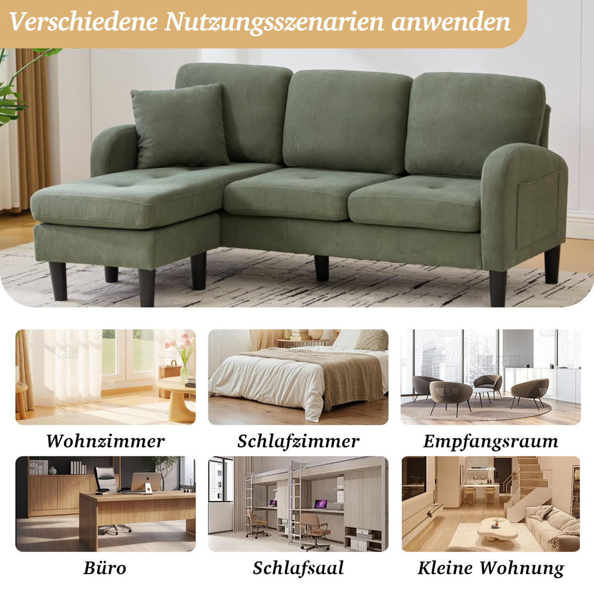 ECKSOFA L-Form Cordbezug mit modularer Chaiselongue Grün 166/118/77 cm - Grün, Textil (166/118cm) - Redom