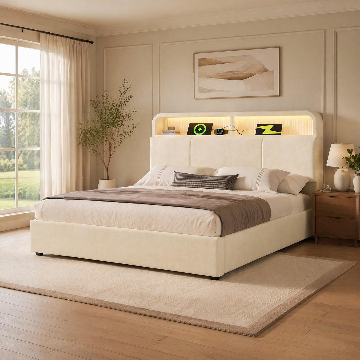 POLSTERBETT 140/190 mit Bettkasten, LED und USB in Beige - Beige, Holzwerkstoff/Textil (140/190cm) - EVRYAE