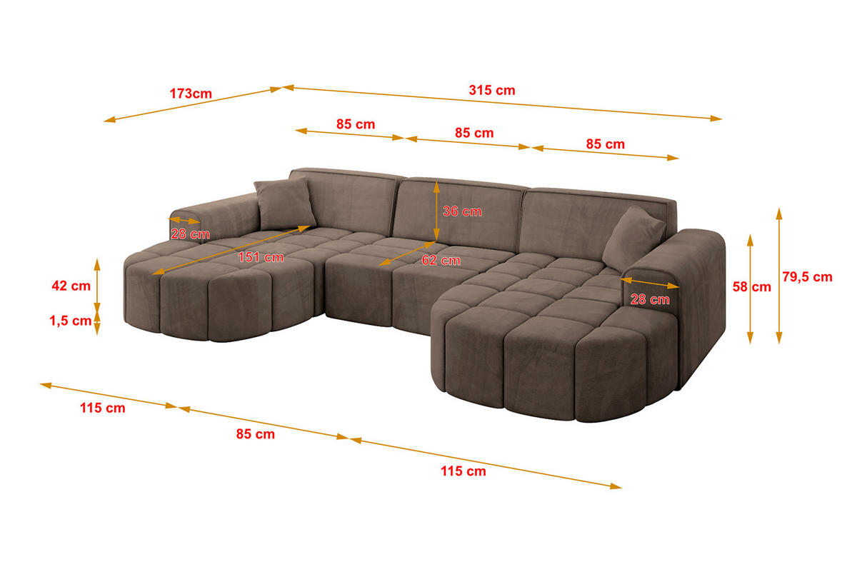 WOHNLANDSCHAFT LIVO-U1 - 315x173x79,5 cm Braun - Braun, Holzwerkstoff/Textil (315/79/173cm) - ALTDECOR