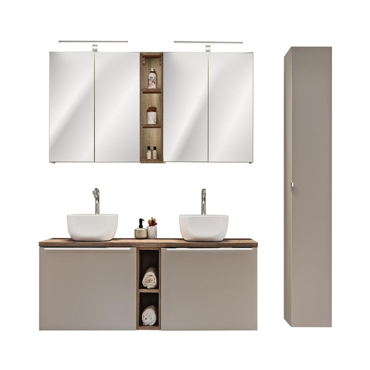 BADMÖBEL-SET 12 Teile - Santa Fe Taupe S BM32 in Clay Grey / Santa Fe Vintage Oak - Graubraun, Holz (180/160/46cm)