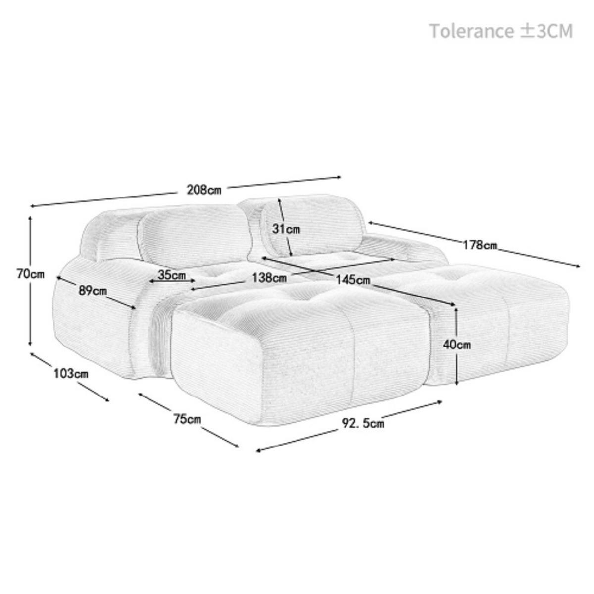 2-SITZER-SOFA aus Cord 208x178x75 cm mit ergonomischen Armlehnen und Chaiselongue, grün - Grün, Textil (178/75/208cm)