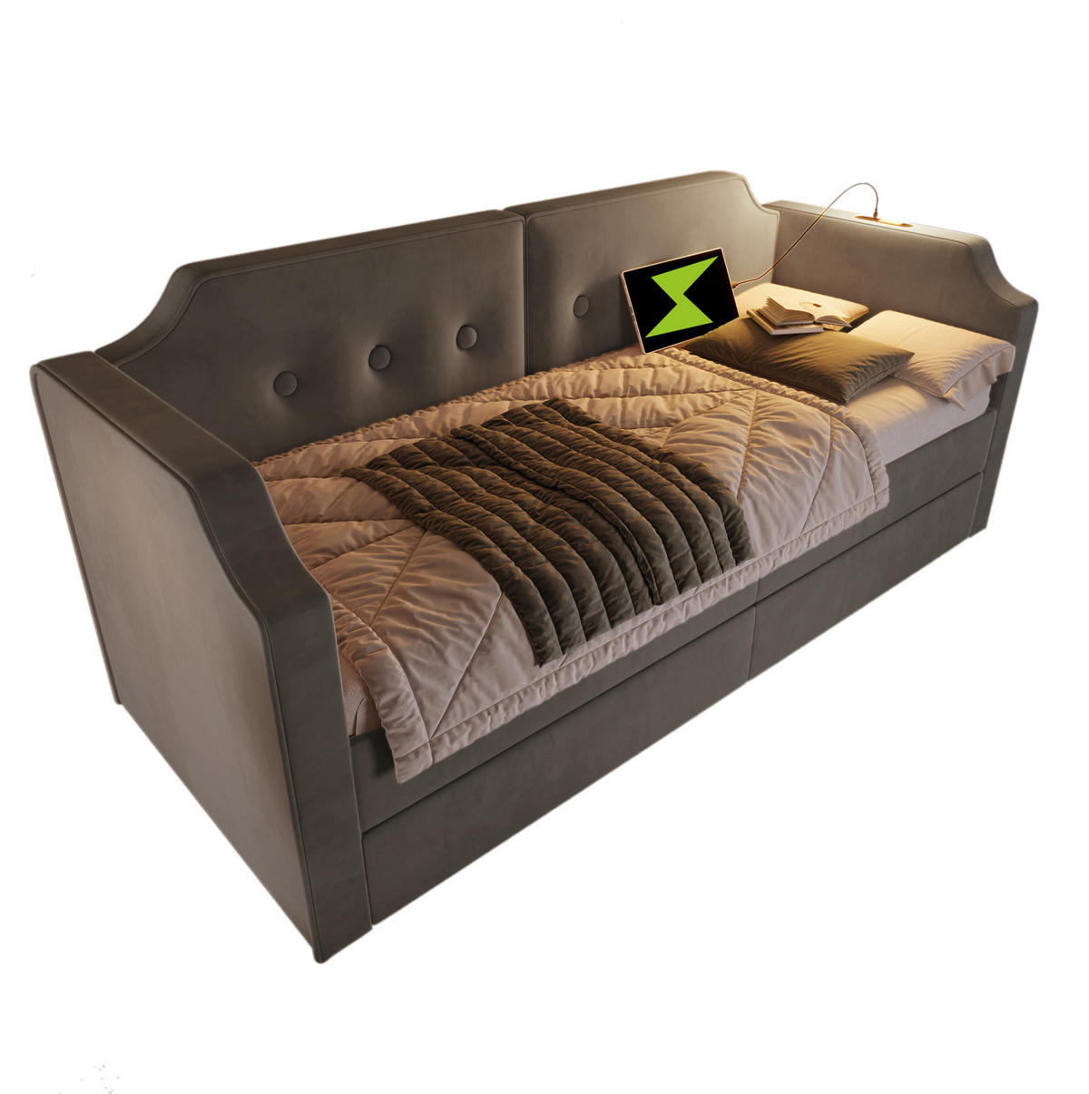 POLSTERBETT 90/200 cm Grau mit USB-Type-C und Leselicht, Tagesbett mit 2 Stauraumschubladen - Grau, Textil (90/200cm) - OKWISH
