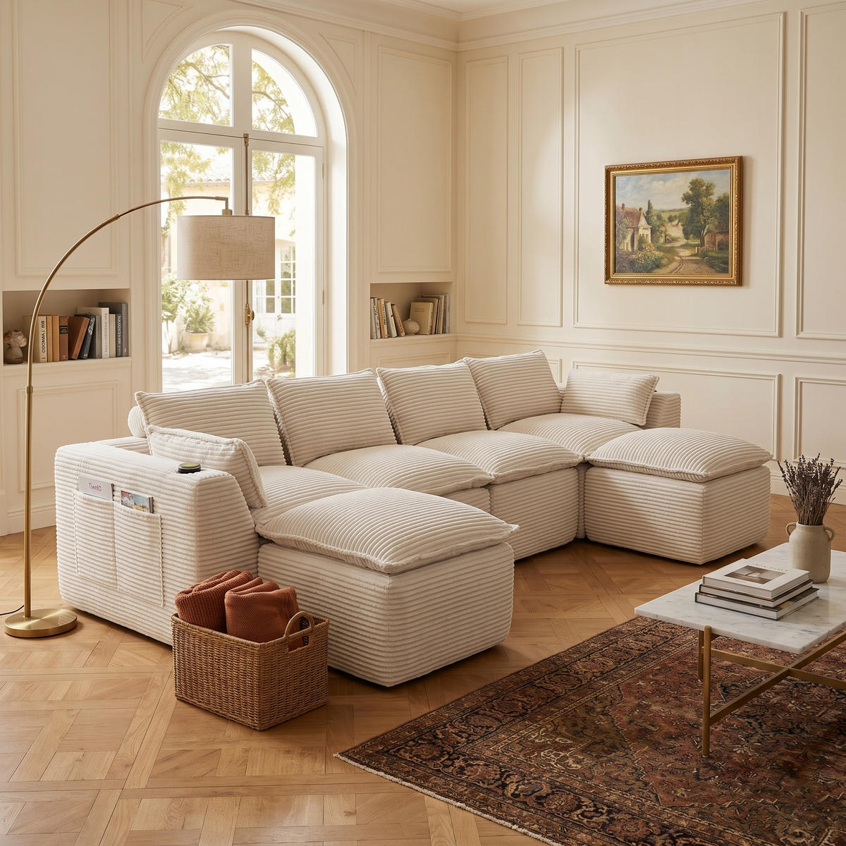 4-SITZER-SOFA aus Chenille, modular mit 2 Fußhockern und Getränkehaltern - Beige, Textil (322/75/161cm) - Urban Meuble