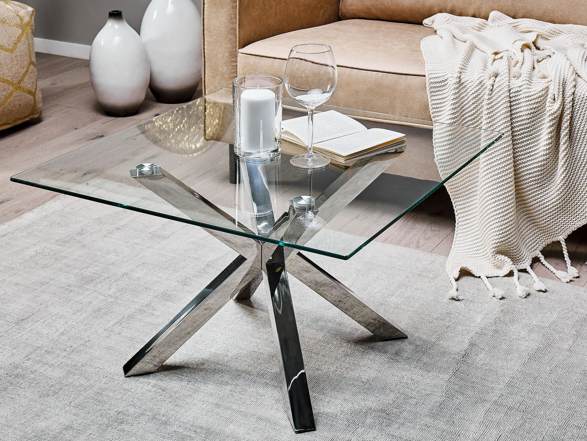 COUCHTISCH Glas Silber quadratisch 70/70 cm Starlight - Transparent/Silberfarben, Glas (70/70/44cm) - Beliani
