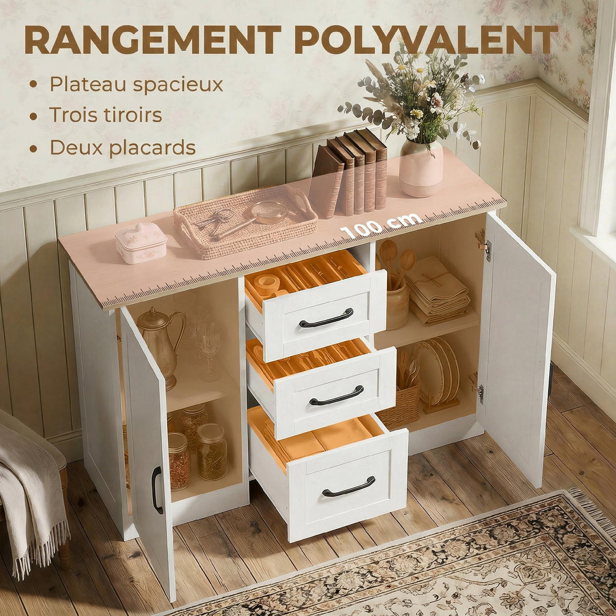 SIDEBOARD Weiß und Naturfarben, 2 Türen, 3 Schubladen, 110/35/80,4 cm - Weiß, Holz (110/80.4/35cm) - PANGIVO