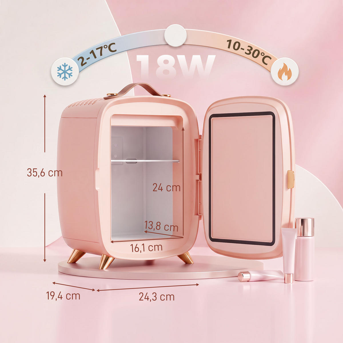 MINI-KOSMETIKKÜHLSCHRANK Kunststoff Glas Rosa - Rosa, Kunststoff (19.4/35.6/24.3cm) - HOMCOM
