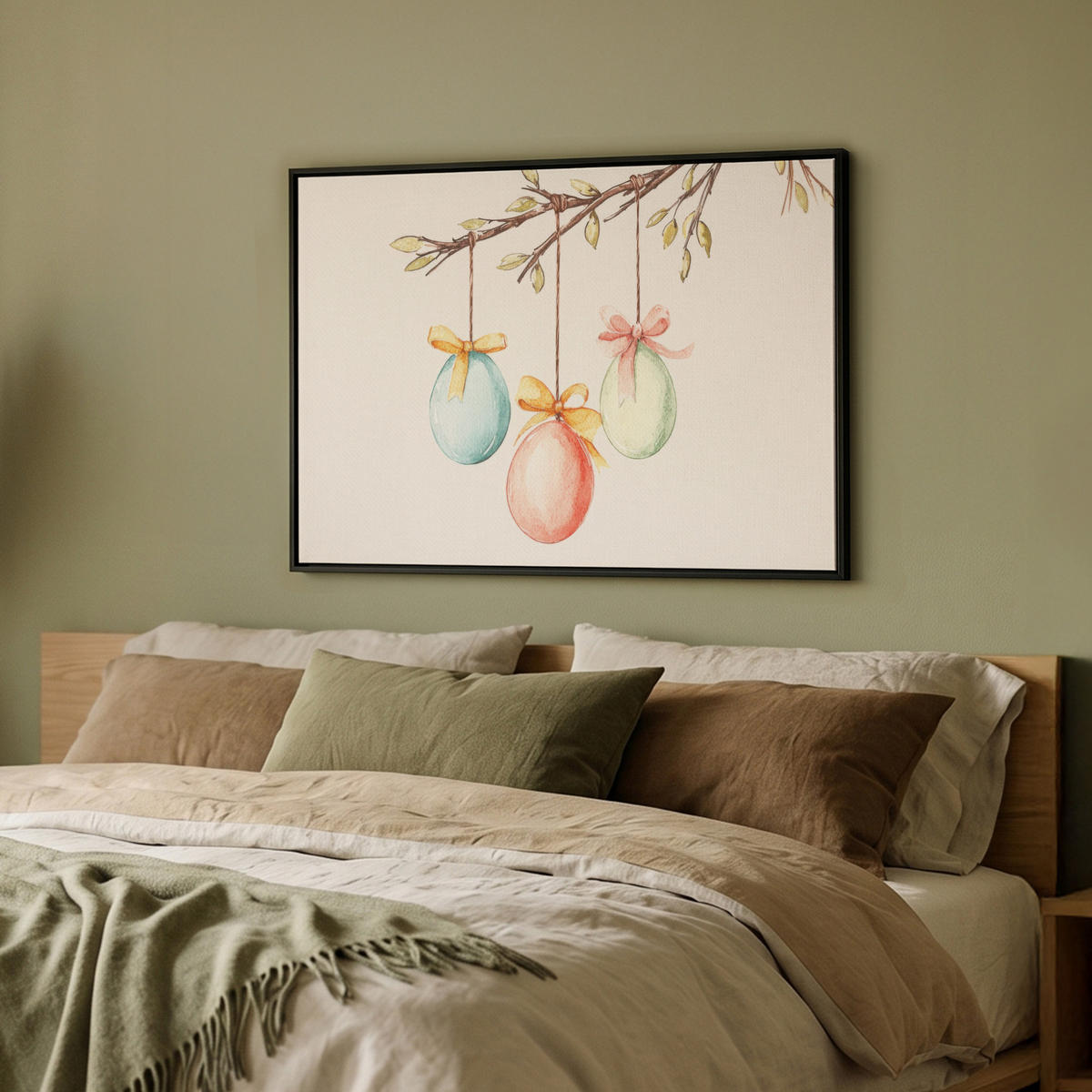 LEINWAND Bilder mit Rahmen - Osterkuchen - Schleife - Eier - 70x50 - Creme, Textil (70/50cm) - MuchoWow