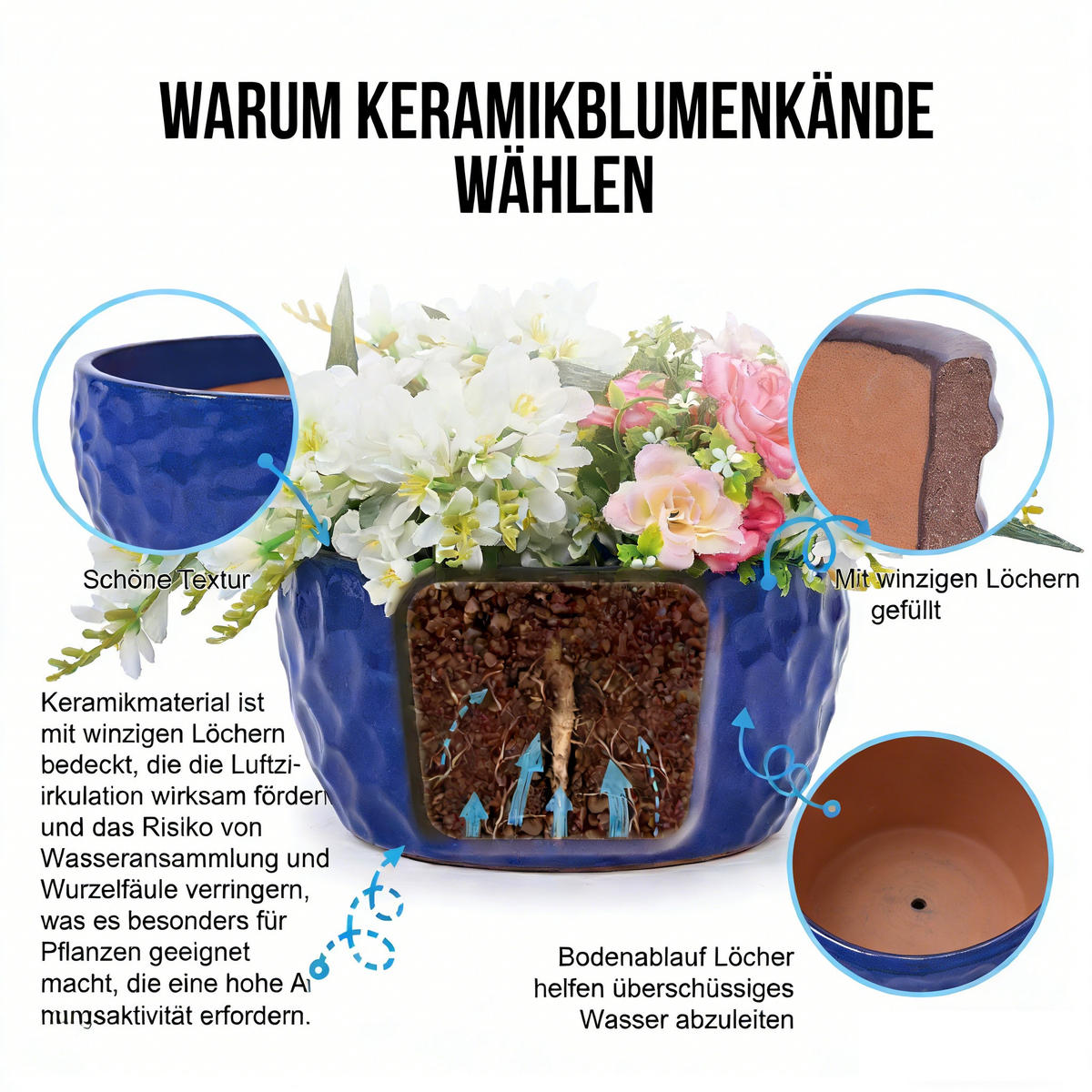BLUMENTOPF Ø 38,1/30,5/25,4 cm Antikblau (3 Stück) - Dunkelblau, Keramik (38/19cm) - Oxeza