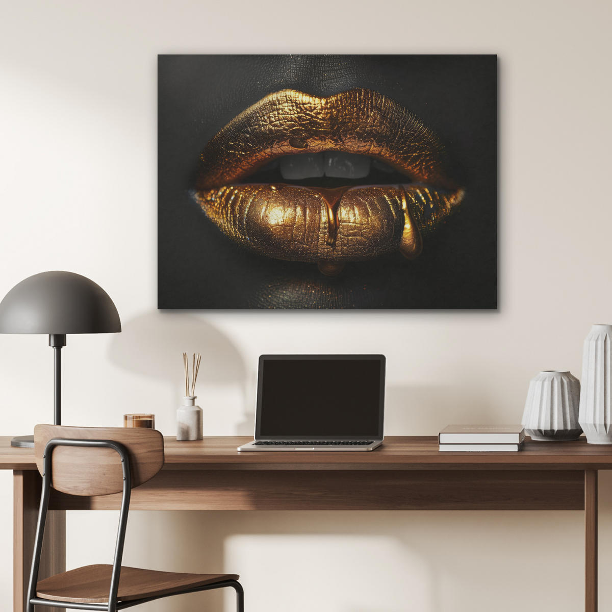 AKUSTIKPANEEL Frau - Porträt - Lippen - Gold - Schwarz 80x60 cm - Schwarz, Textil (80/0.9/60cm) - MuchoWow