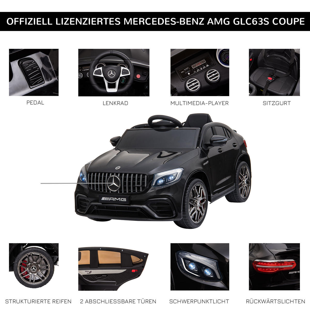 KINDER ELEKTROAUTO, Schwarz/Weiß, PP+ Metall - Schwarz, Kunststoff (115/70/55cm) - HOMCOM