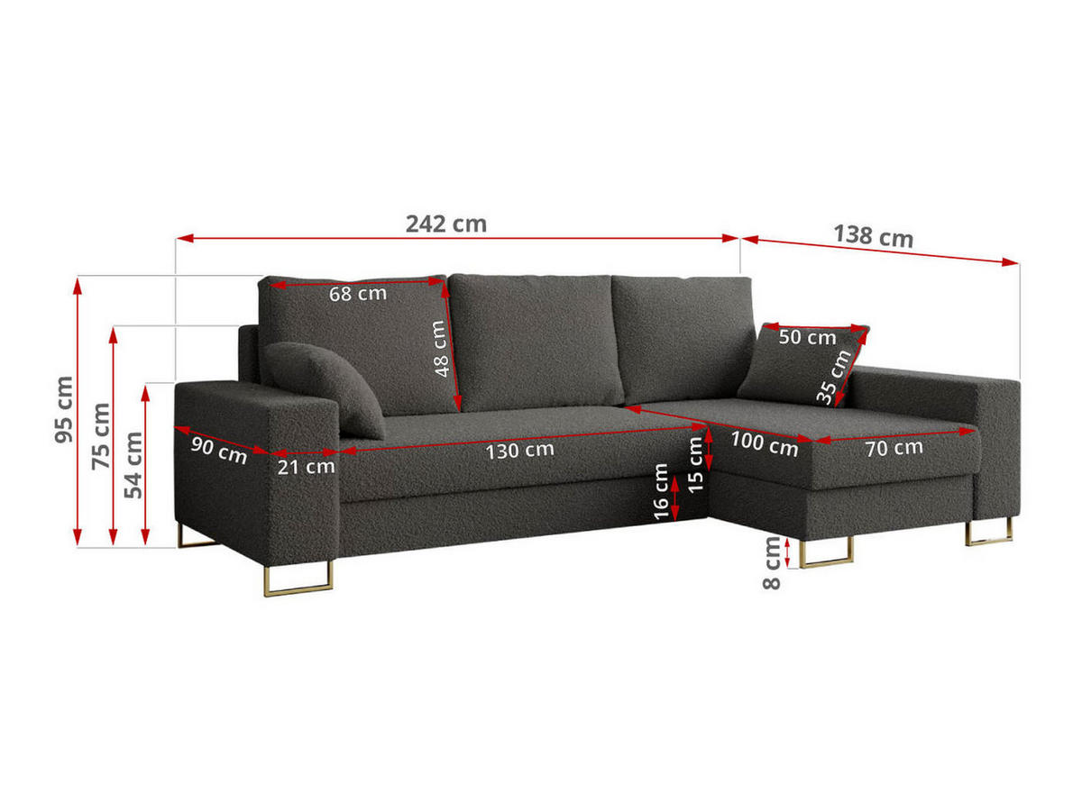 ECKSOFA Dorian Boucle Dunkelgrau - Dunkelgrau/Goldfarben, Textil/Metall (242/138cm) - MKS