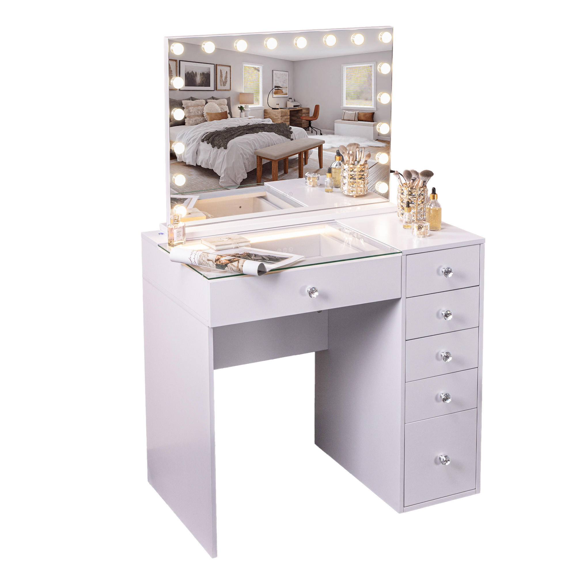 SCHMINKTISCH mit 6 Schubladen 92/55/81 CM und LED Beleuchtung Schminkspiegel 80 x 58 CM - Weiß, Holz (55/81/92cm) - VANITII