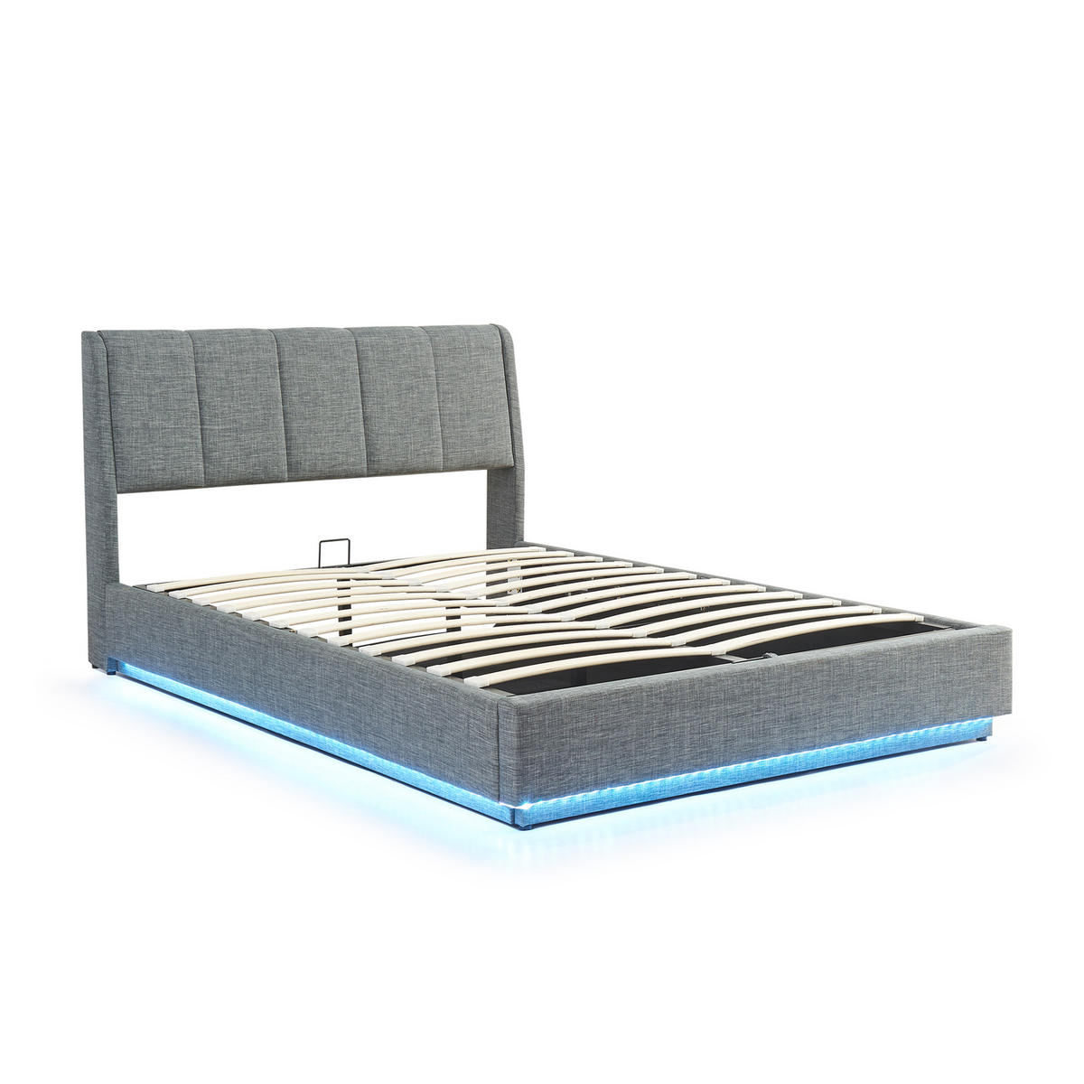 LED ČALOUNĚNÁ POSTEL Tröstiar - antracitová, kov/kompozitní dřevo (140/200cm) - [en.casa]