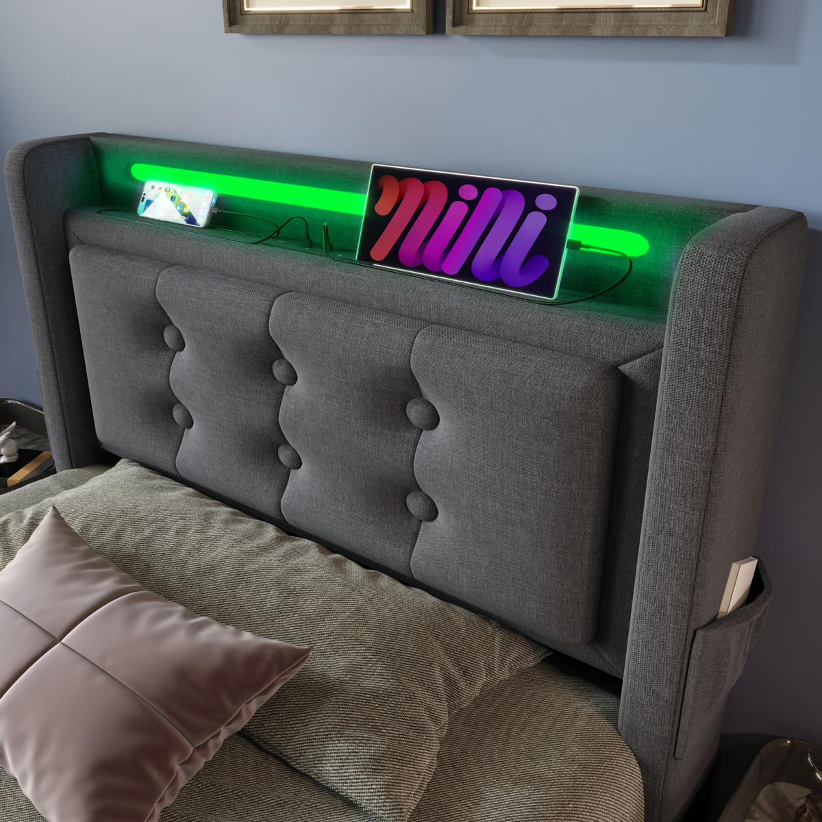 POLSTERBETT 90/200 cm Grau aus Baumwoll-Leinenstoff mit LED und Ladefunktion - Grau, Textil (90/200cm) - OKMYHOME