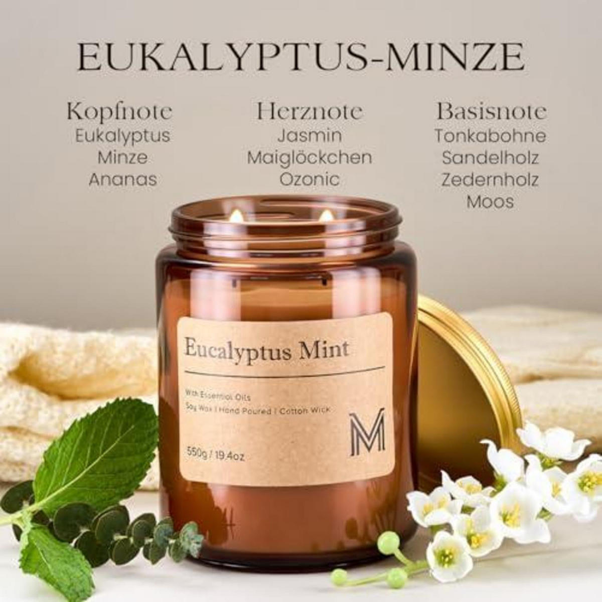 DUFTKERZE im Glas Eukalyptus Minze 550g 110 Stunden Brenndauer - Braun, Glas (15.6cm)