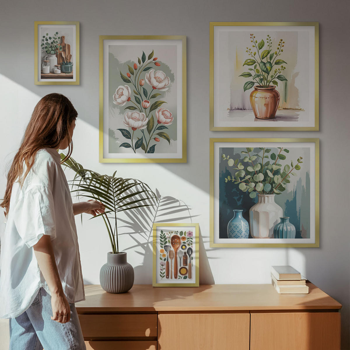 WANDBILDER 5er Set - 50x50 cm & 20x30 cm & 40x60 cm Goldrahmen - Blumen und Früchte in Vasen - Goldfarben, Kunststoff (40/60cm) - ArtPrintCave