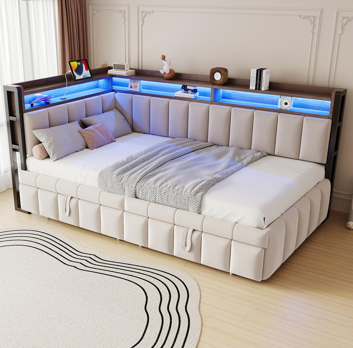 POLSTERBETT Schlafsofa aus Samt 90x200 cm Beige mit Ausziehbett, LED-Beleuchtung, USB- und Typ-C-Anschlüssen - Beige, Textil (90/200cm) - Modfu