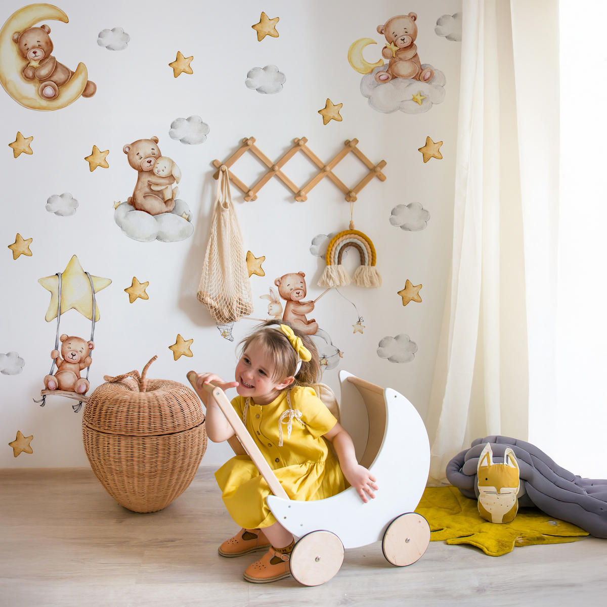 WANDSTICKER Teddybären Wolken Monde Sterne 120x60 - Gelb/Beige, Papier (120/60/1cm) - Muralo