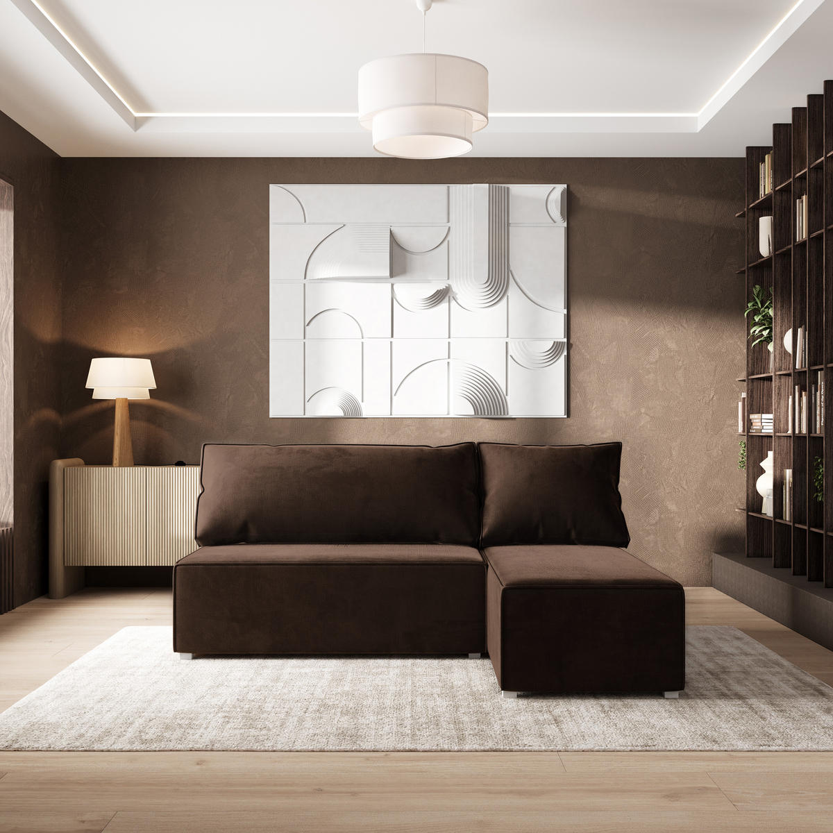 ECKSOFA BRISO M Braun Velours-Stoff mit Schlaffunktion - Braun/Grau, Holz/Kunststoff (200/140cm) - MASSENO