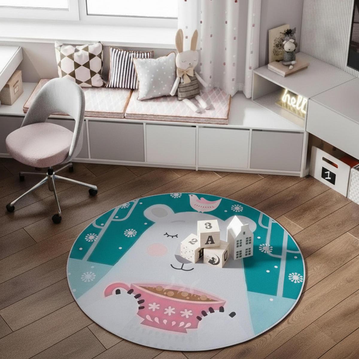 KINDERTEPPICH Bambini Orsetto Mazovia Rund Ø100cm Weiß Rosa Teddybär Kurzflor - Pink, Textil (100/100cm) - Mazovia