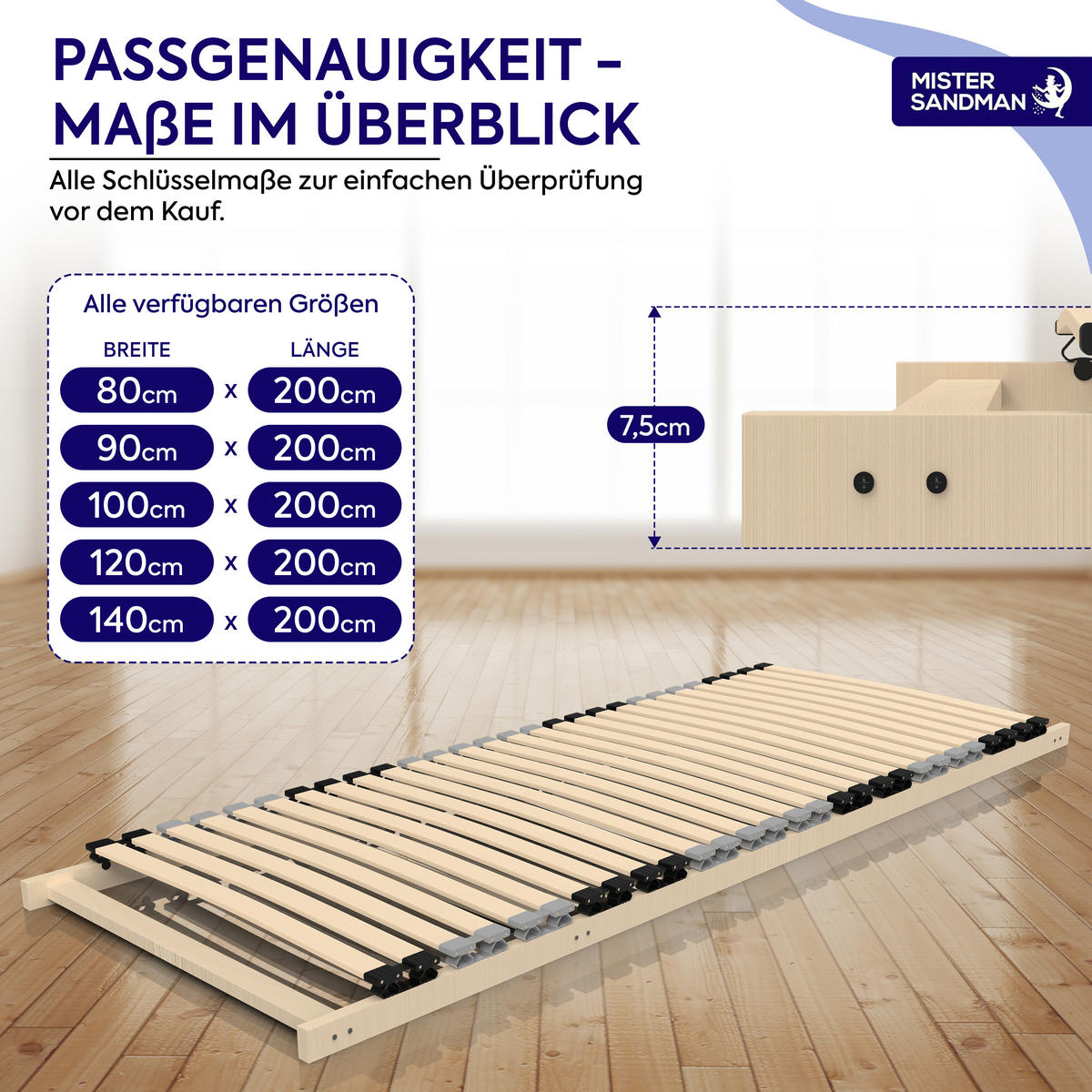 HOLZLATTENROST Birke 7-Zonen 120x200 cm – stabiler Bettrost aus Schichtholz mit Federleisten - Eschefarben, Holz (120/200cm) - Mister Sandman